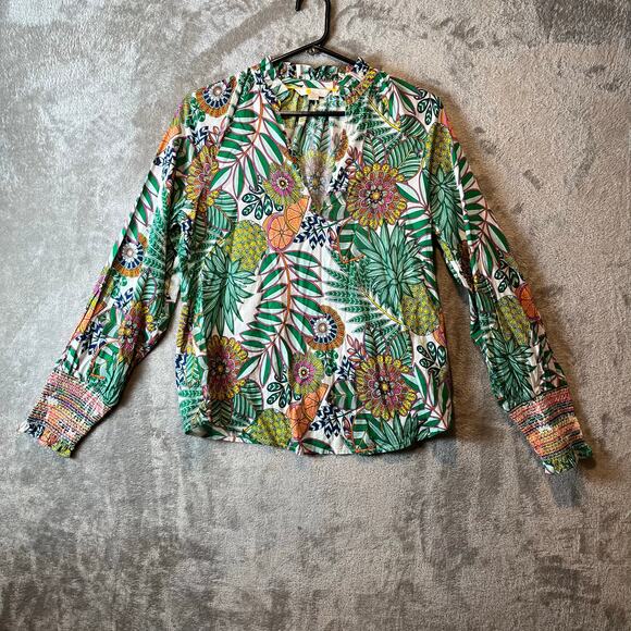Boden Ruffle Smocked Cuff Tropical Pineapple Print 100% Cotton Top Size‎ 6 Green - Picture 1 of 7